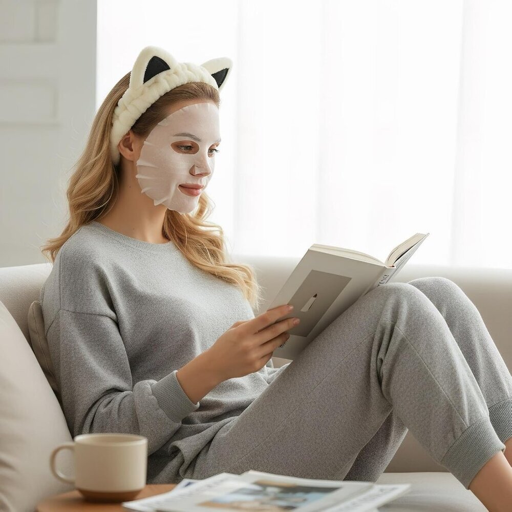 2 Pcs Cat Ears Headband Spa Headbands for Washing Face Khaki Beige Wristband - Picture 4 of 8